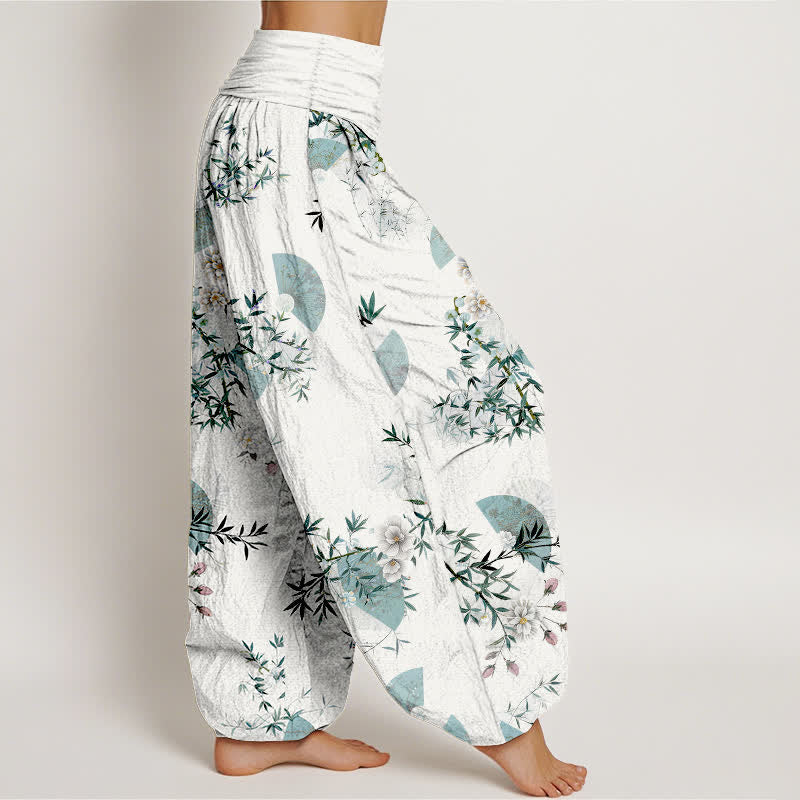 Nimara Ritual Cotton Bamboo Blossom Fan Pattern Women's Elastic Waist Harem Pants