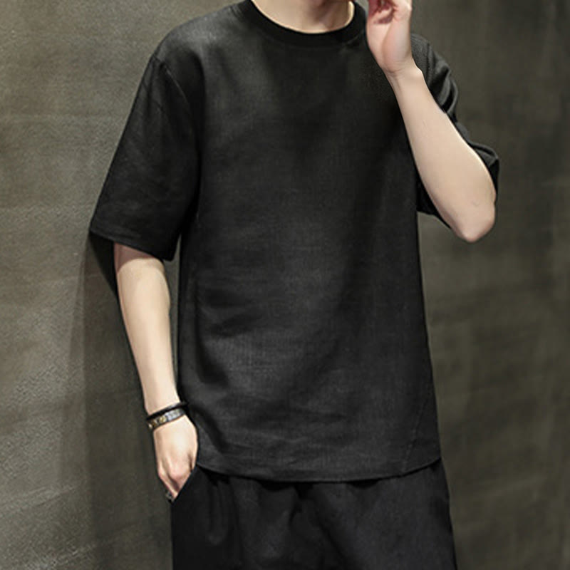 Nimara Ritual Summer Casual Minimalist Solid Crew Neck Linen Men's Short Sleeve T-Shirts