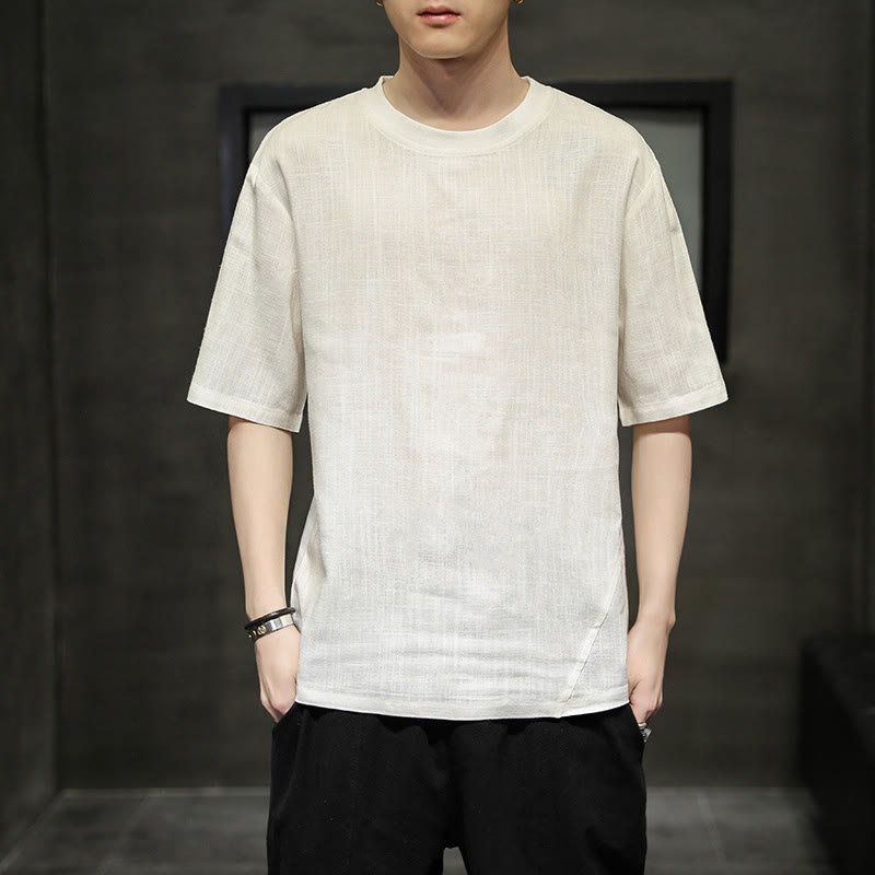 Nimara Ritual Summer Casual Minimalist Solid Crew Neck Linen Men's Short Sleeve T-Shirts