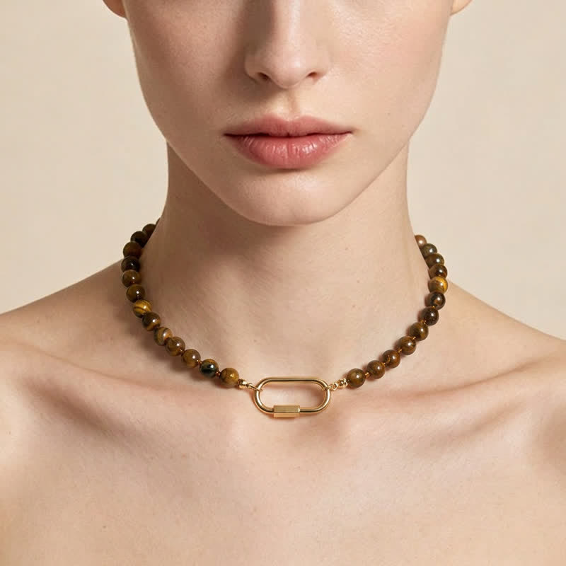Nimara Ritual Natural Tiger Eye Lock Design Bead Strength Necklace