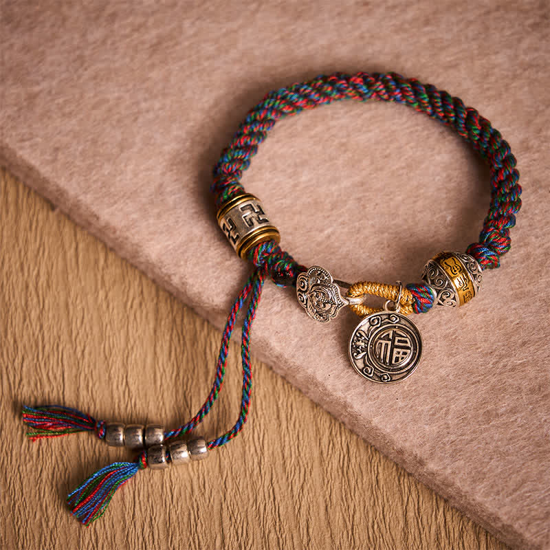 Nimara Ritual Fu Character Swastika Om Mani Padme Hum Braided Rope Luck Bracelet