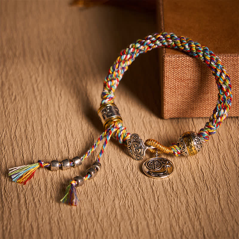 Nimara Ritual Fu Character Swastika Om Mani Padme Hum Braided Rope Luck Bracelet