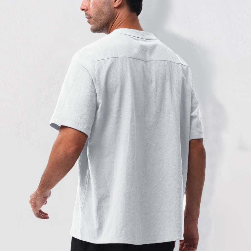 Nimara Ritual Summer Casual Mandarin Collar Solid Half Buttons Cotton Linen Men's Short Sleeve Shirts