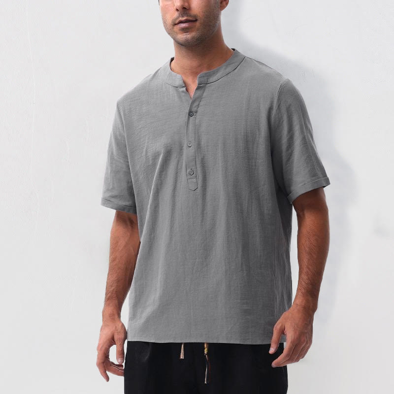 Nimara Ritual Summer Casual Mandarin Collar Solid Half Buttons Cotton Linen Men's Short Sleeve Shirts