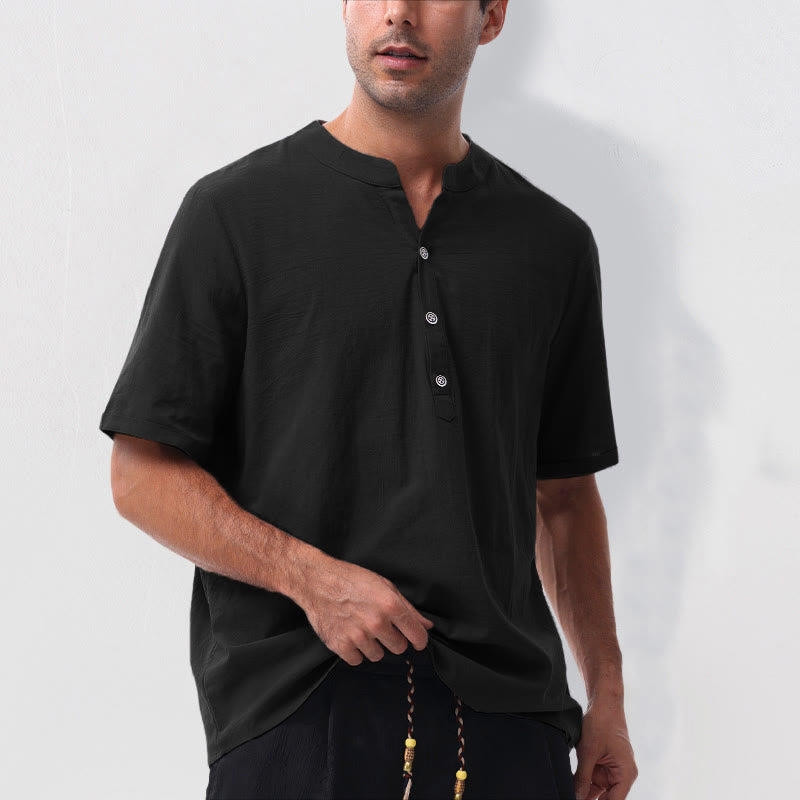 Nimara Ritual Summer Casual Mandarin Collar Solid Half Buttons Cotton Linen Men's Short Sleeve Shirts