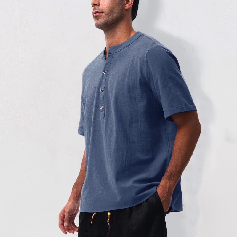 Nimara Ritual Summer Casual Mandarin Collar Solid Half Buttons Cotton Linen Men's Short Sleeve Shirts