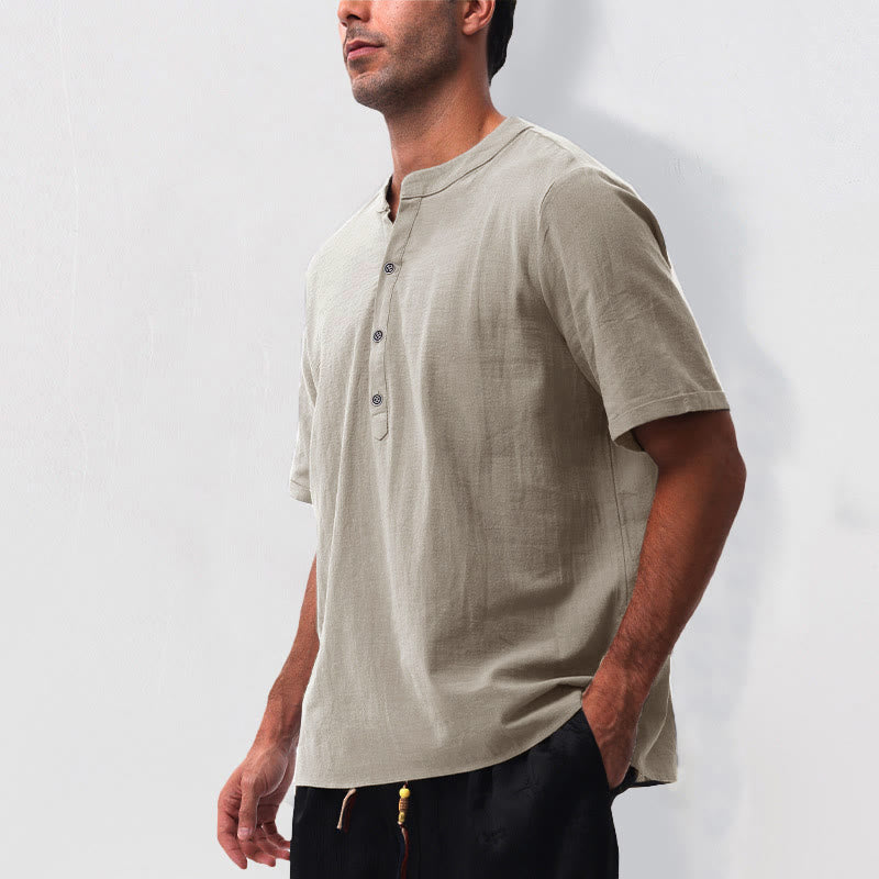 Nimara Ritual Summer Casual Mandarin Collar Solid Half Buttons Cotton Linen Men's Short Sleeve Shirts