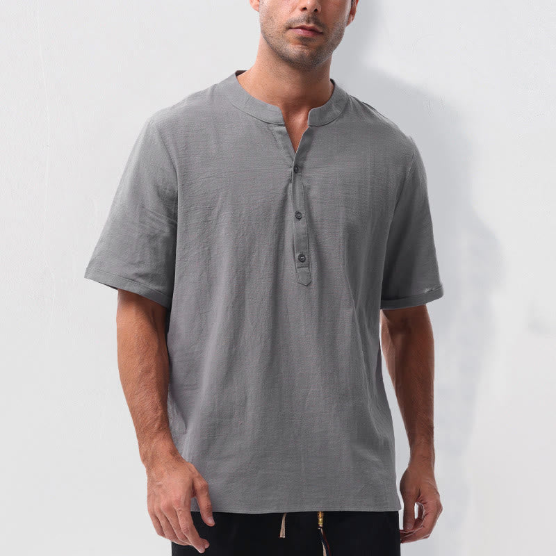 Nimara Ritual Summer Casual Mandarin Collar Solid Half Buttons Cotton Linen Men's Short Sleeve Shirts