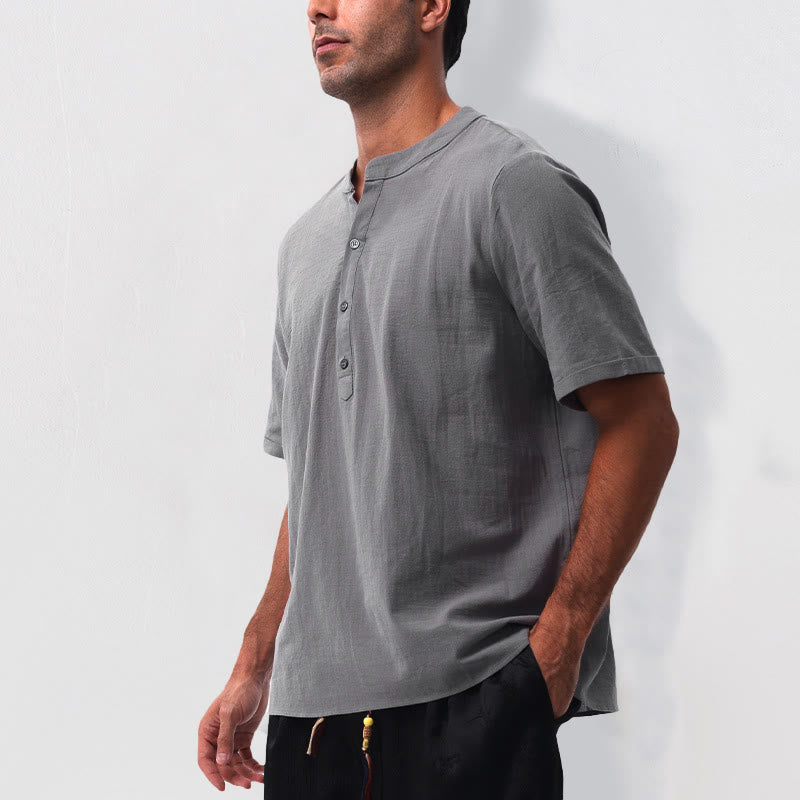 Nimara Ritual Summer Casual Mandarin Collar Solid Half Buttons Cotton Linen Men's Short Sleeve Shirts