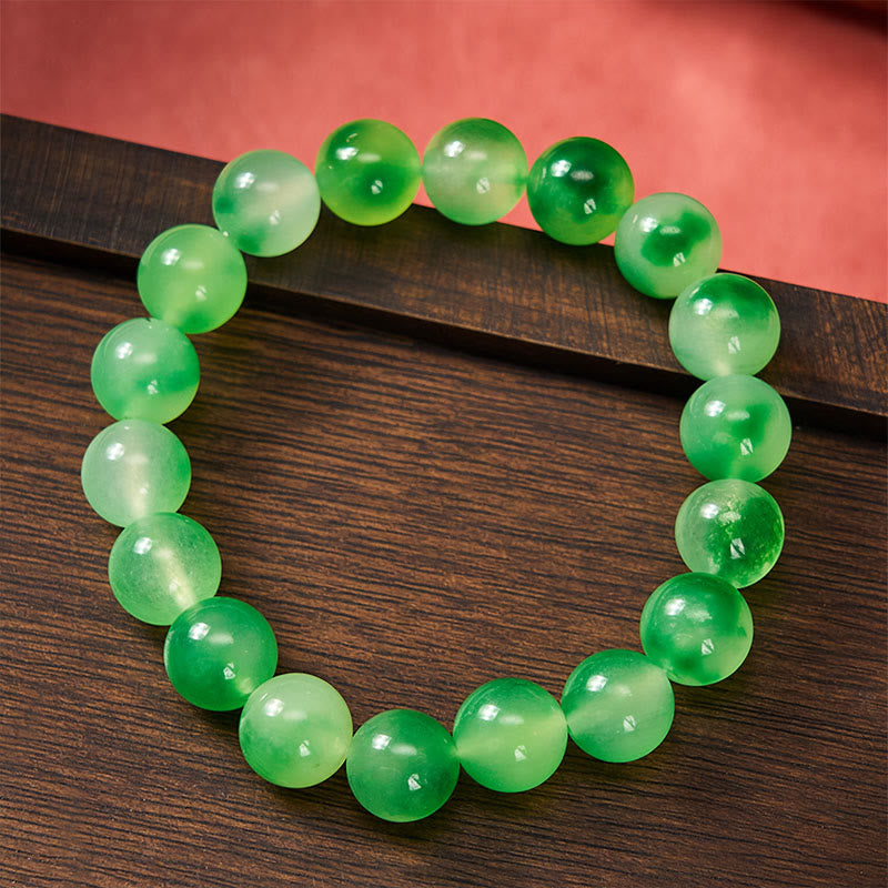Nimara Ritual White Chalcedony Healing Green Floating Flower Round Beaded Bracelet