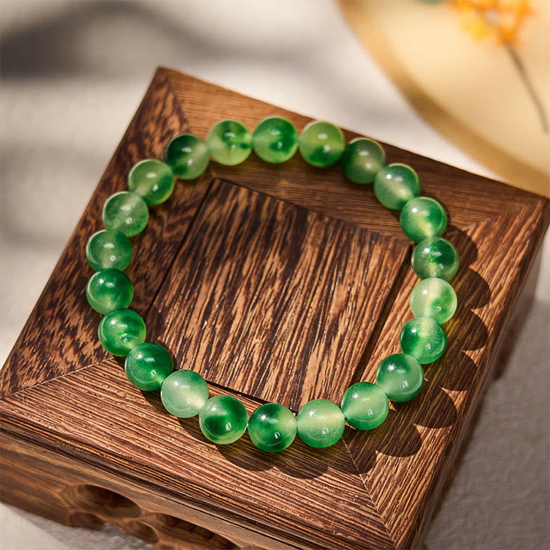 Nimara Ritual White Chalcedony Healing Green Floating Flower Round Beaded Bracelet