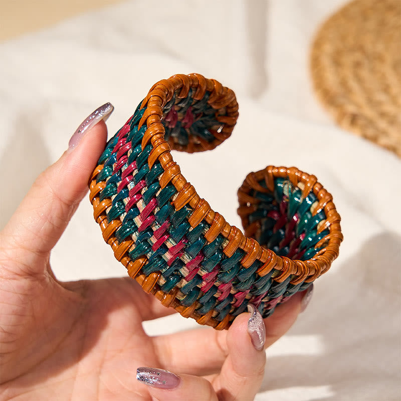 Nimara Ritual Natural Rattan Protection Hand-Woven Boho Wide Cuff Bracelet