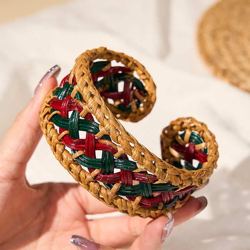 Nimara Ritual Natural Rattan Hand-Woven Bohemian Wide Round Cuff Bracelet