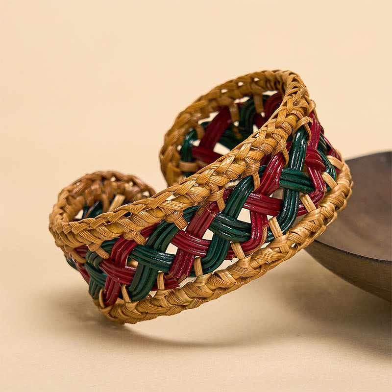Nimara Ritual Natural Rattan Hand-Woven Bohemian Wide Round Cuff Bracelet