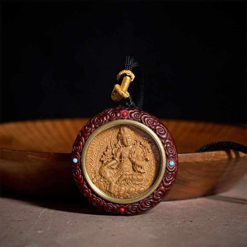Nimara Ritual Small Leaf Red Sandalwood Ebony Wood Yellow Jambhala Bodhisattva Green Tara Protection Necklace Pendant