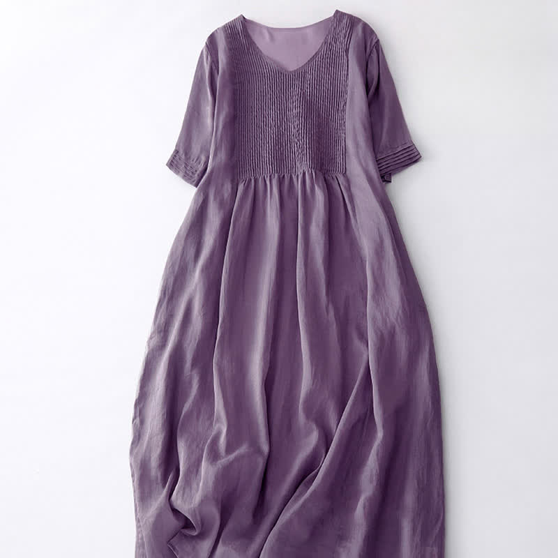 Nimara Ritual Casual Accordion Pleat Plain V-neck Short Sleeve Midi Dress With Pockets
