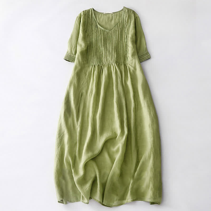 Nimara Ritual Casual Accordion Pleat Plain V-neck Short Sleeve Midi Dress With Pockets