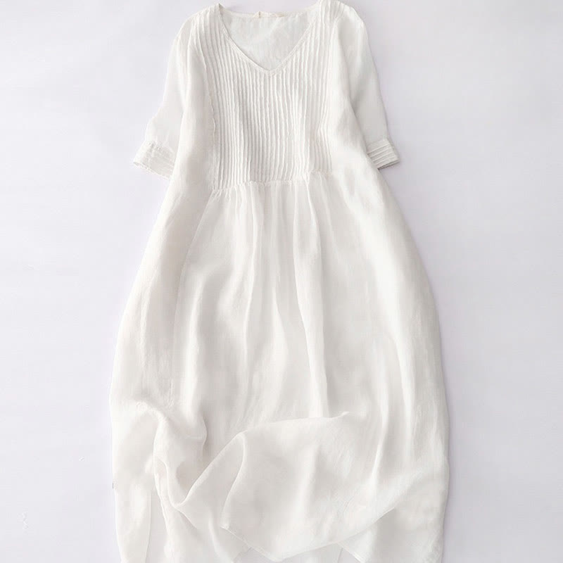 Nimara Ritual Casual Accordion Pleat Plain V-neck Short Sleeve Midi Dress With Pockets