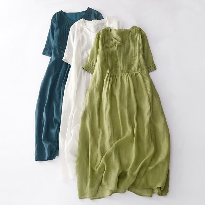 Nimara Ritual Casual Accordion Pleat Plain V-neck Short Sleeve Midi Dress With Pockets