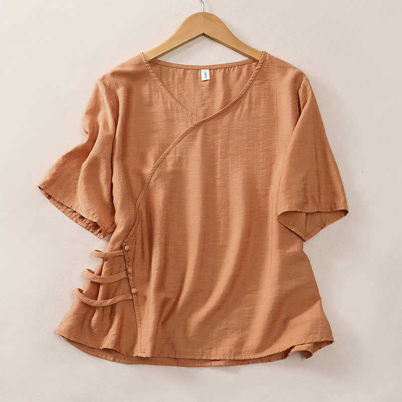 Nimara Ritual Summer Casual Minimalist V-Neck Solid Decorative Button Women's Short Sleeve T-Shirts