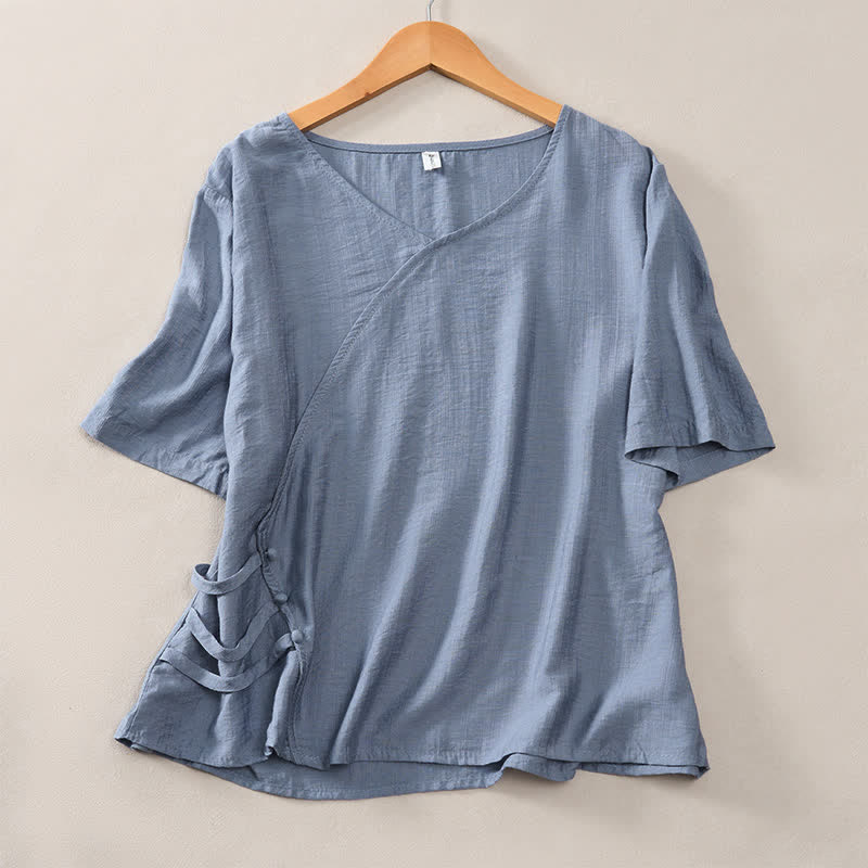Nimara Ritual Summer Casual Minimalist V-Neck Solid Decorative Button Women's Short Sleeve T-Shirts