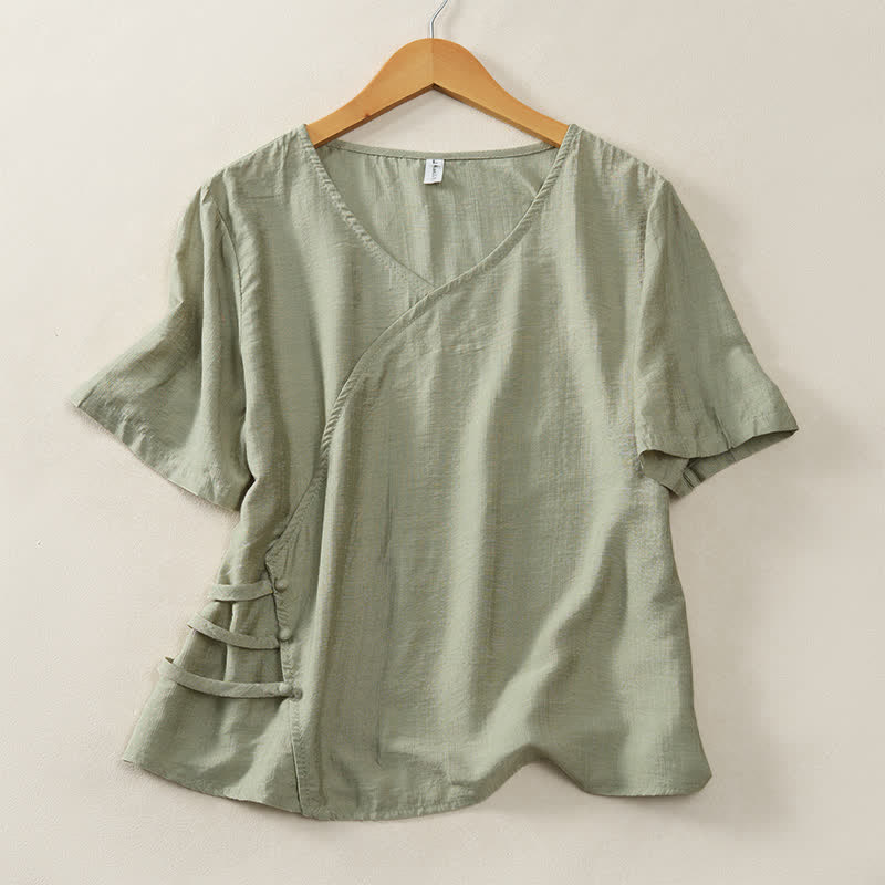 Nimara Ritual Summer Casual Minimalist V-Neck Solid Decorative Button Women's Short Sleeve T-Shirts