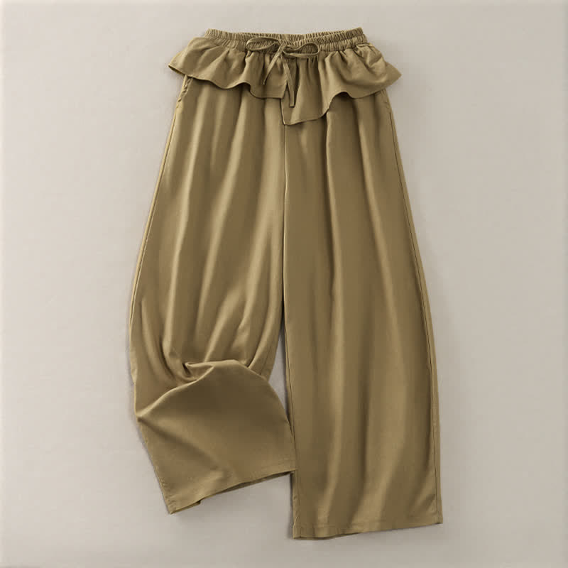 Nimara Ritual Spring Summer Casual Drawstring Elastic Waist Ruffled Solid Cropped Pants Women's Straight Leg Pants With Pockets