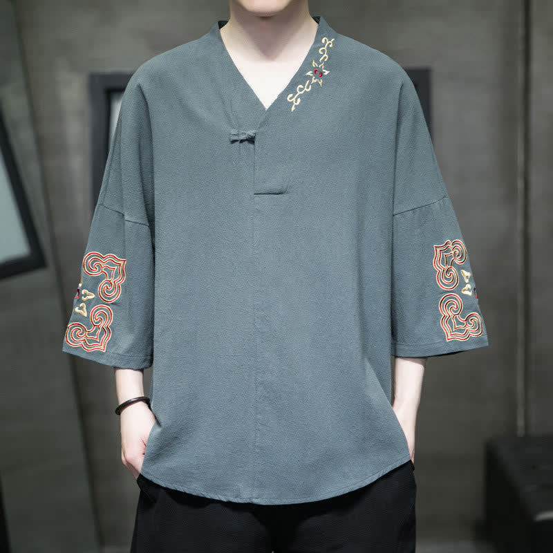 Nimara Ritual Summer Tang Style Embroidery V-Neck One Frog Button Floral Men's Short Sleeve Shirts