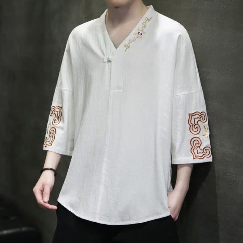 Nimara Ritual Summer Tang Style Embroidery V-Neck One Frog Button Floral Men's Short Sleeve Shirts