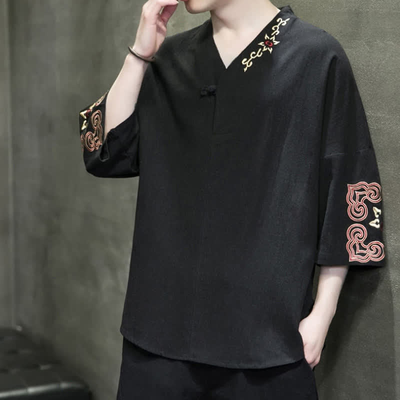 Nimara Ritual Summer Tang Style Embroidery V-Neck One Frog Button Floral Men's Short Sleeve Shirts