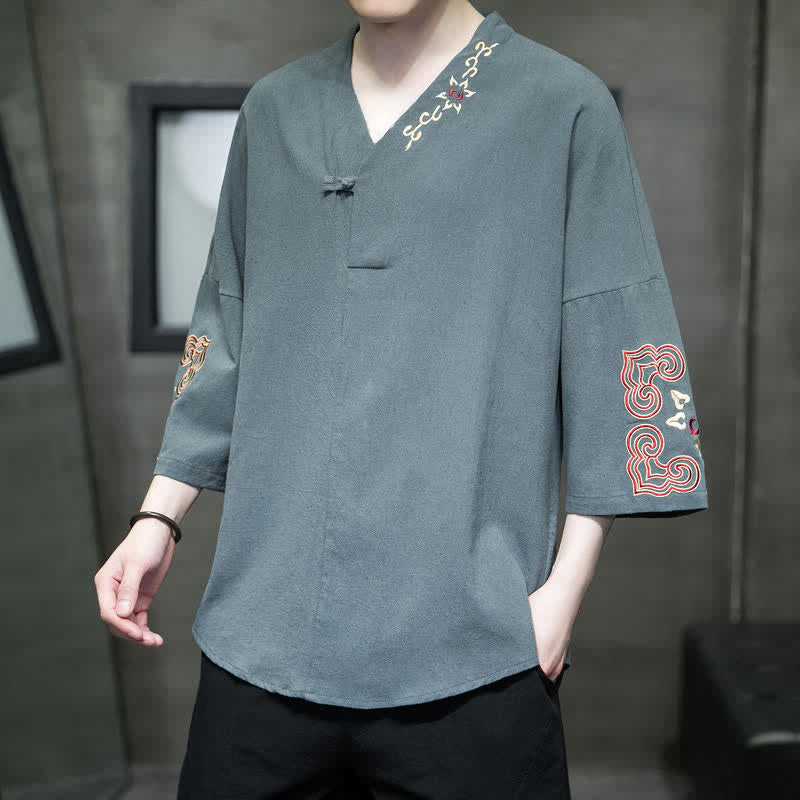 Nimara Ritual Summer Tang Style Embroidery V-Neck One Frog Button Floral Men's Short Sleeve Shirts