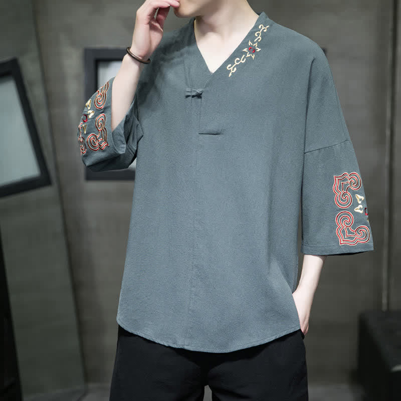 Nimara Ritual Summer Tang Style Embroidery V-Neck One Frog Button Floral Men's Short Sleeve Shirts