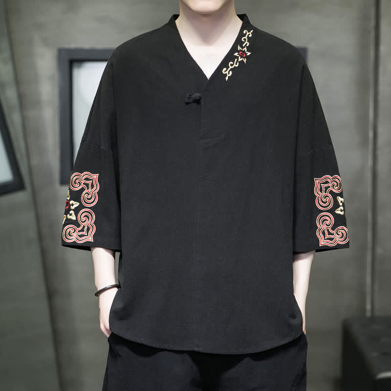 Nimara Ritual Summer Tang Style Embroidery V-Neck One Frog Button Floral Men's Short Sleeve Shirts