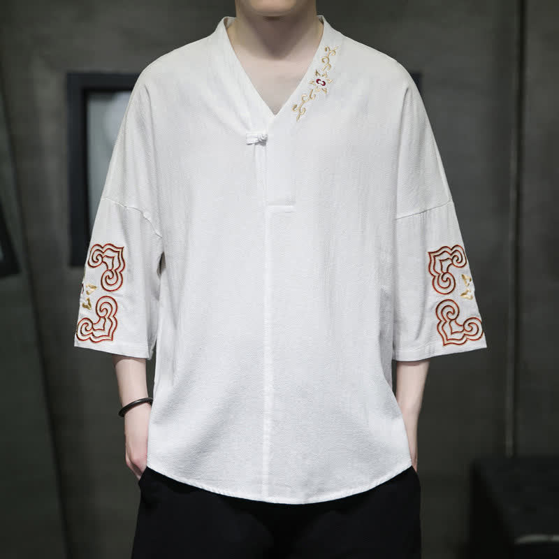 Nimara Ritual Summer Tang Style Embroidery V-Neck One Frog Button Floral Men's Short Sleeve Shirts