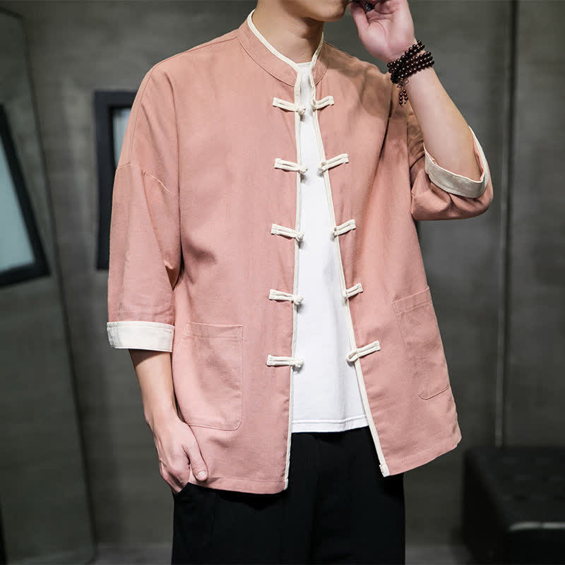 Nimara Ritual Summer Tang Style Mandarin Collar Color Blocking Frog Button Men's Short Sleeve Shirts With Pockets