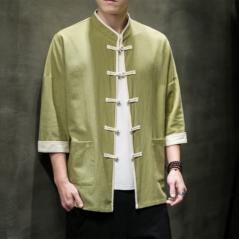 Nimara Ritual Summer Tang Style Mandarin Collar Color Blocking Frog Button Men's Short Sleeve Shirts With Pockets