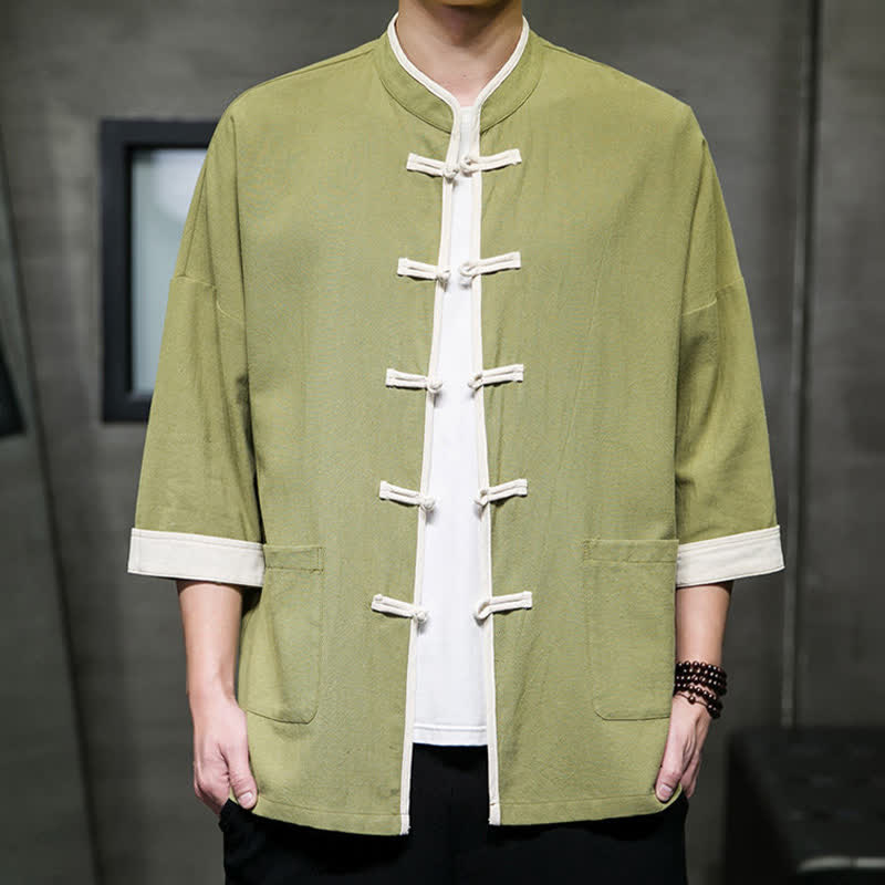 Nimara Ritual Summer Tang Style Mandarin Collar Color Blocking Frog Button Men's Short Sleeve Shirts With Pockets