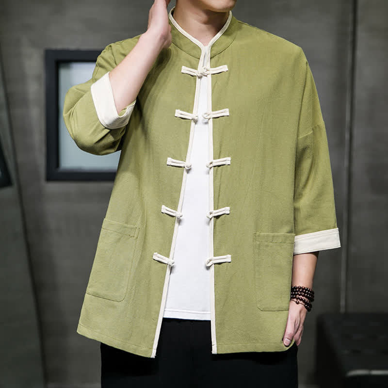 Nimara Ritual Summer Tang Style Mandarin Collar Color Blocking Frog Button Men's Short Sleeve Shirts With Pockets