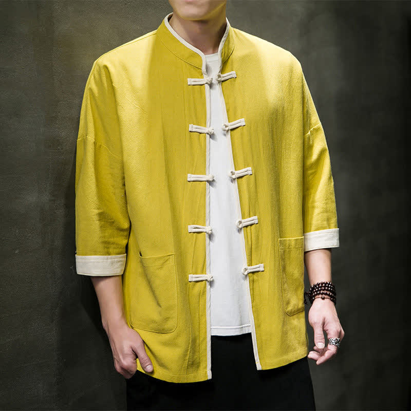 Nimara Ritual Summer Tang Style Mandarin Collar Color Blocking Frog Button Men's Short Sleeve Shirts With Pockets