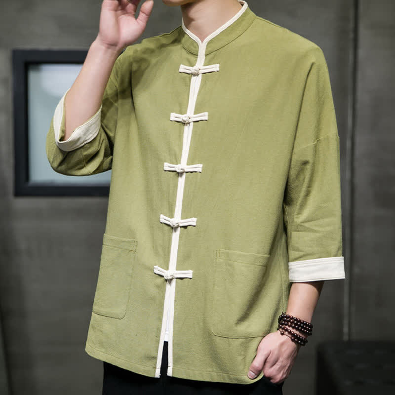 Nimara Ritual Summer Tang Style Mandarin Collar Color Blocking Frog Button Men's Short Sleeve Shirts With Pockets