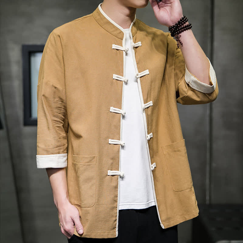 Nimara Ritual Summer Tang Style Mandarin Collar Color Blocking Frog Button Men's Short Sleeve Shirts With Pockets
