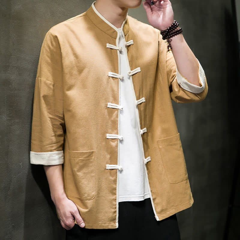 Nimara Ritual Summer Tang Style Mandarin Collar Color Blocking Frog Button Men's Short Sleeve Shirts With Pockets