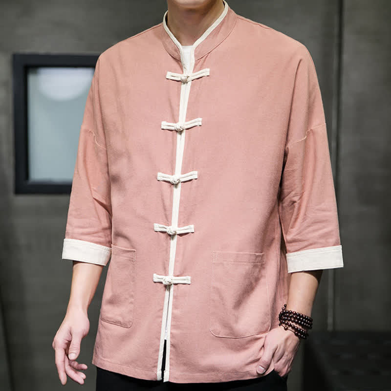 Nimara Ritual Summer Tang Style Mandarin Collar Color Blocking Frog Button Men's Short Sleeve Shirts With Pockets