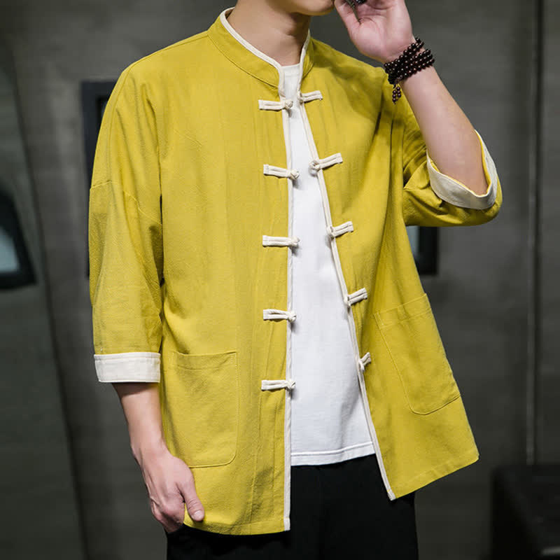 Nimara Ritual Summer Tang Style Mandarin Collar Color Blocking Frog Button Men's Short Sleeve Shirts With Pockets