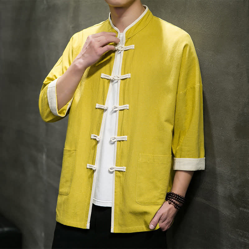 Nimara Ritual Summer Tang Style Mandarin Collar Color Blocking Frog Button Men's Short Sleeve Shirts With Pockets