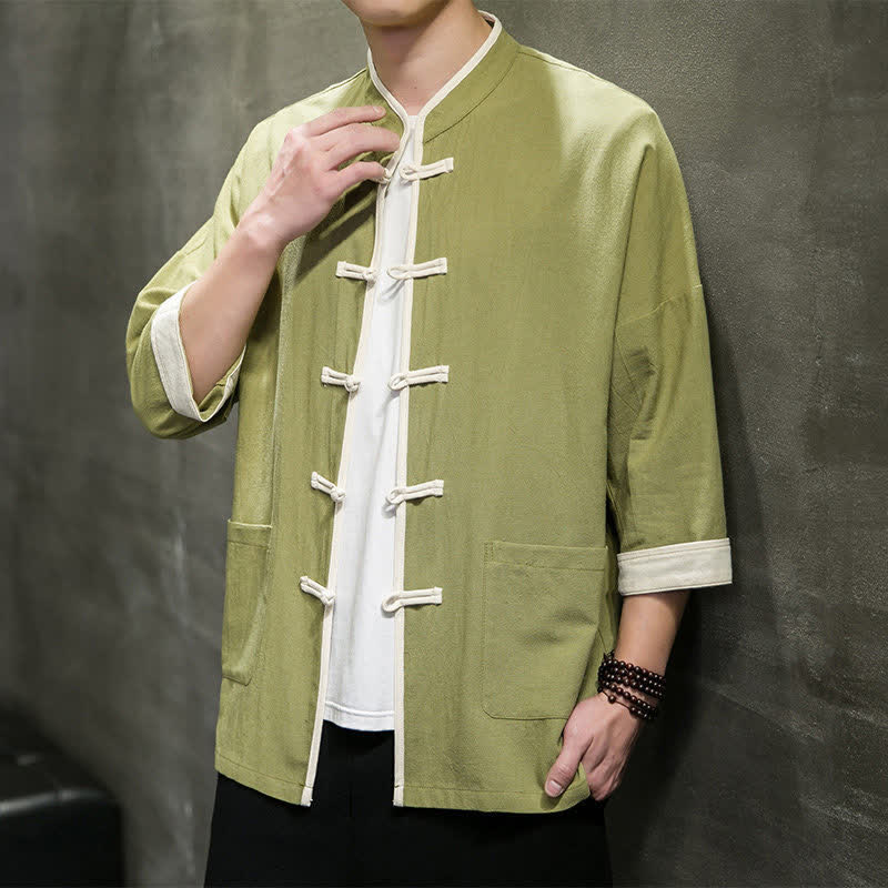 Nimara Ritual Summer Tang Style Mandarin Collar Color Blocking Frog Button Men's Short Sleeve Shirts With Pockets