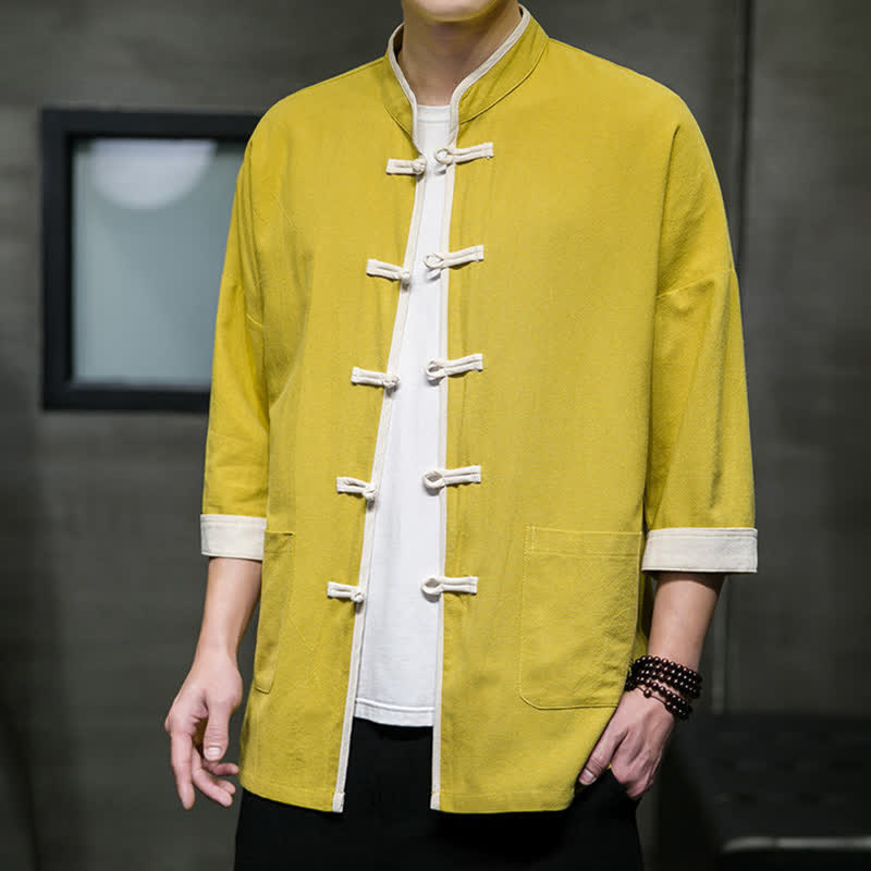 Nimara Ritual Summer Tang Style Mandarin Collar Color Blocking Frog Button Men's Short Sleeve Shirts With Pockets