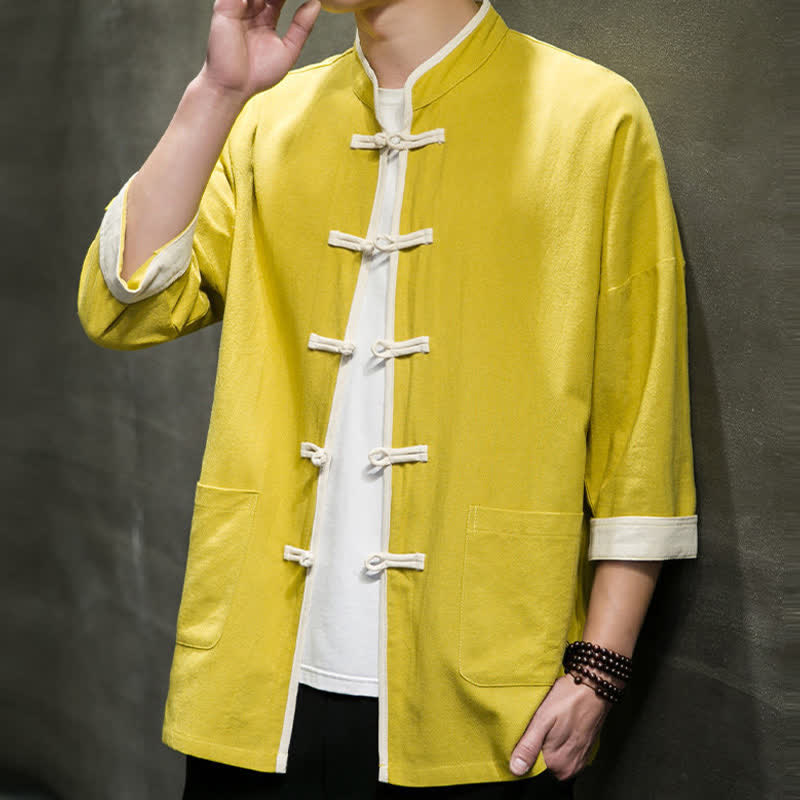 Nimara Ritual Summer Tang Style Mandarin Collar Color Blocking Frog Button Men's Short Sleeve Shirts With Pockets