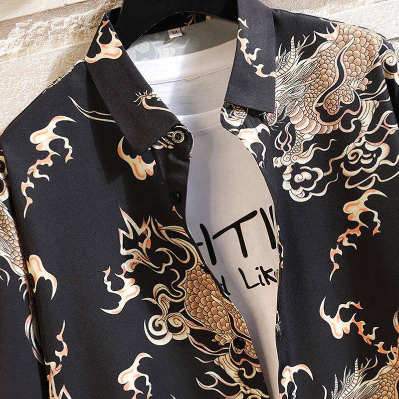 Nimara Ritual Summer Dragon Pattern Buttons Up Men's Short Sleeve Shirts