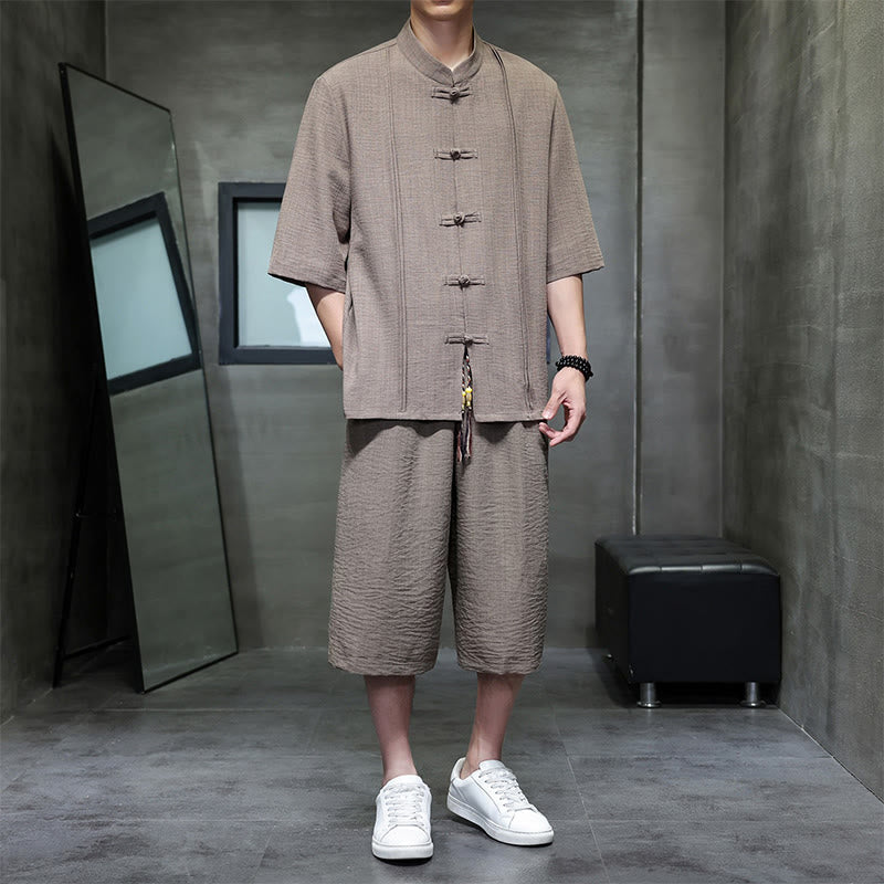 Nimara Ritual 2Pcs Summer Tang Style Frog Button Solid Elbow-Length Sleeve Shirt Cropped Pants Men's Meditation Cloth With Pockets